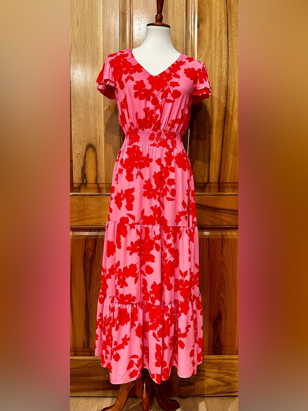 NWT Nanette Lepore Pink/Red Floral Print Flutter Sleeved Tiered Maxi Dress EUC 4